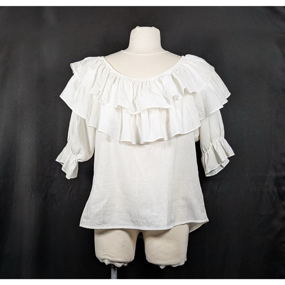 Vintage 90s Blouse Sheplers White Ruffle Women's Size L Western Boho Cowgirl